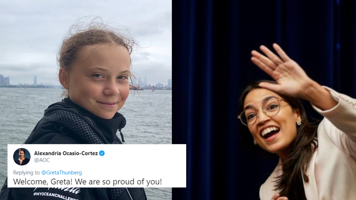 The teenage activist tweeted a picture arriving in Manhattan