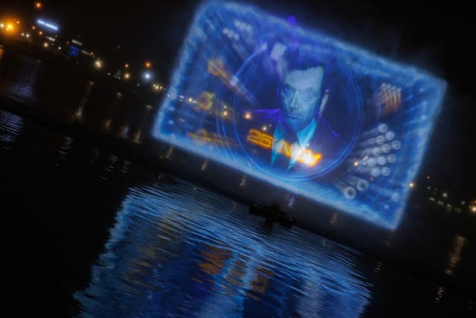 The test run of the water-based projection in Cardiff Bay to mark 60th anniversary of Doctor Who
