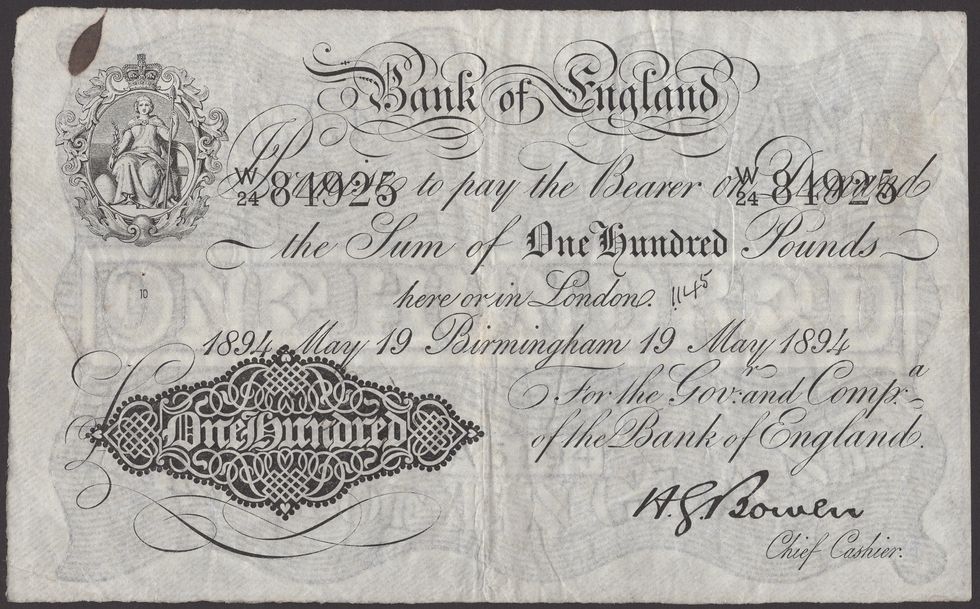 The \u00a3100 note is one of only two surviving Bowen notes above \u00a35 issued anywhere other than London (Noonans/PA)