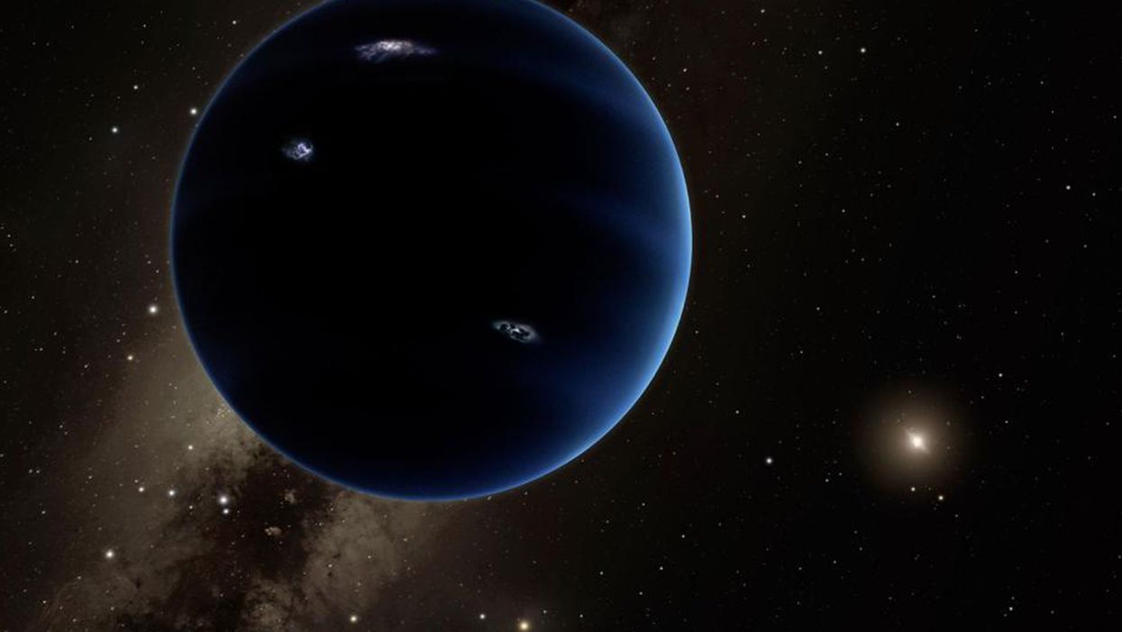 This artistic rendering shows the distant view from Planet Nine back towards the sun. The planet is thought to be gaseous, similar to Uranus and Neptune. Hypothetical lightning lights up the night side