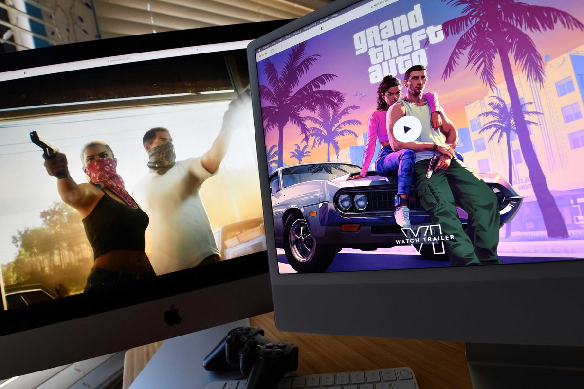 This illustration photo created in Los Angeles, California, on December 5, 2023, shows Rockstar Games' Grand Theft Auto 6 trailer played on computer screens