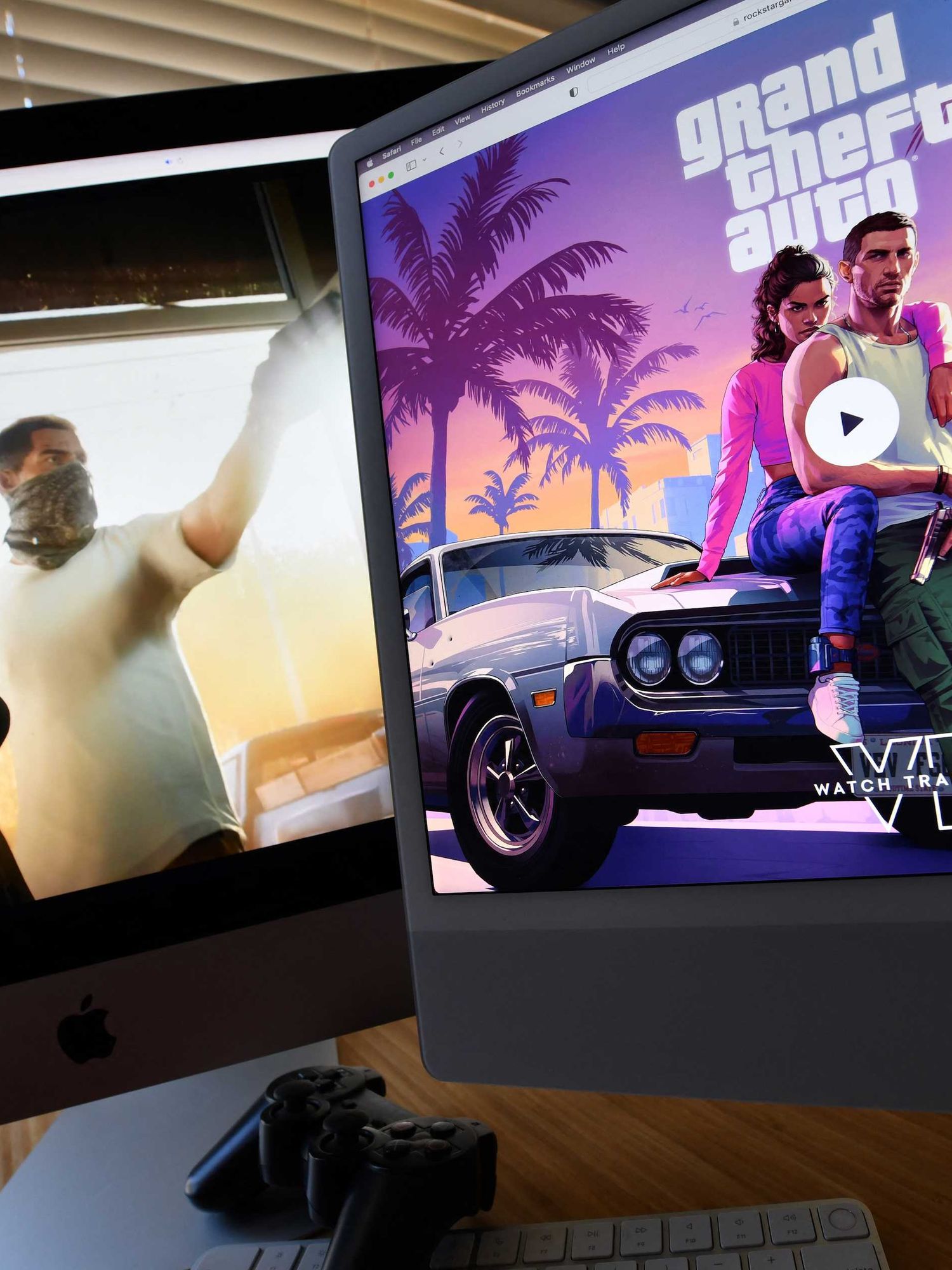 This illustration photo created in Los Angeles, California, on December 5, 2023, shows Rockstar Games' Grand Theft Auto 6 trailer played on computer screens