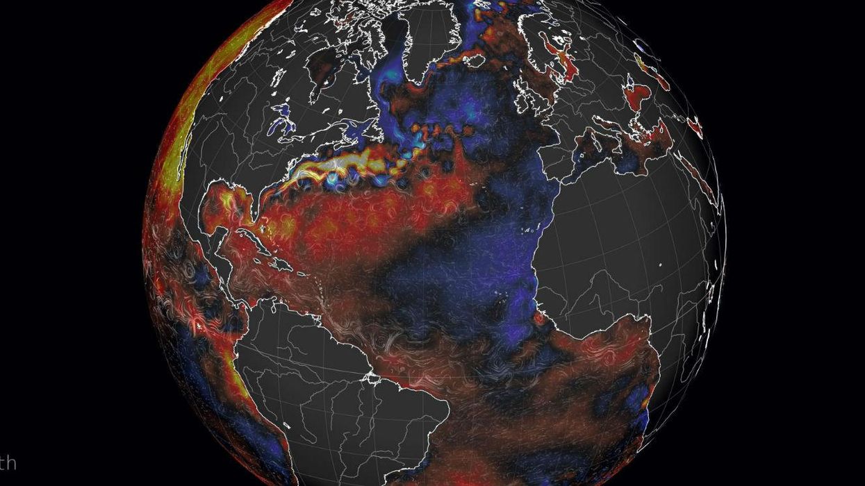 This map shows the current sea surface temperature compared to what is expected for this time of year. Red = warmer, blue = colder