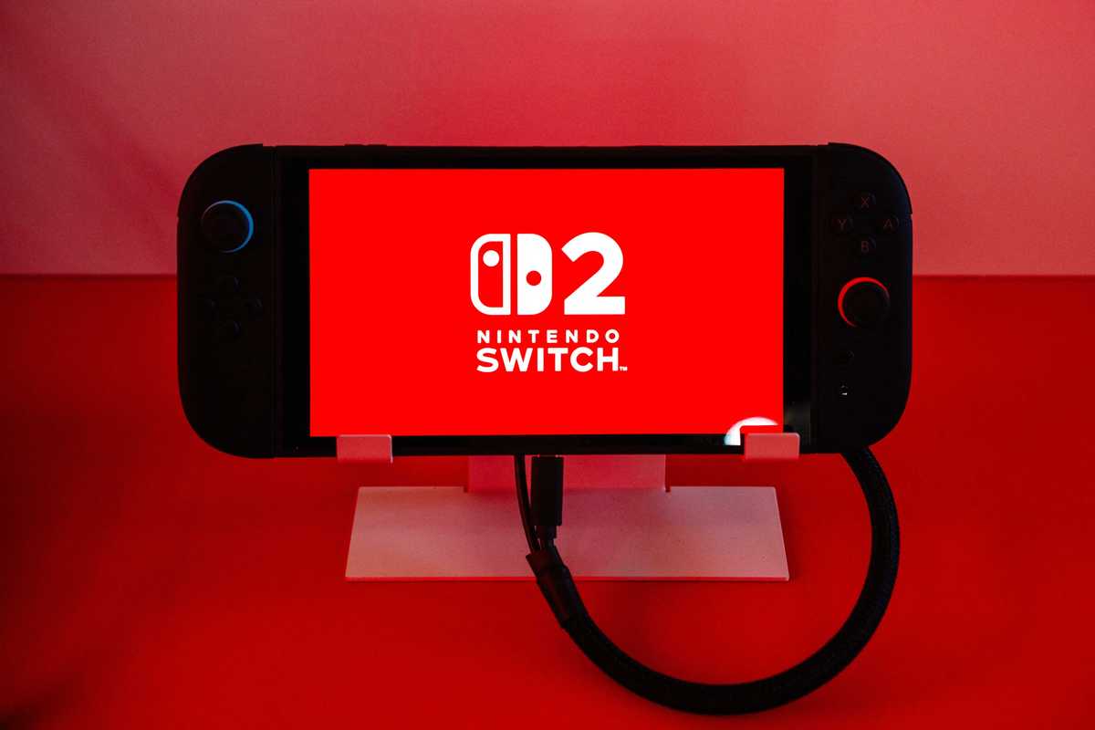 This photograph shows a Nintendo Switch 2 video-game console system of Japanese video-game company Nintendo, displayed during the worldwide presentation at the Grand Palais in Paris on April 2, 2025