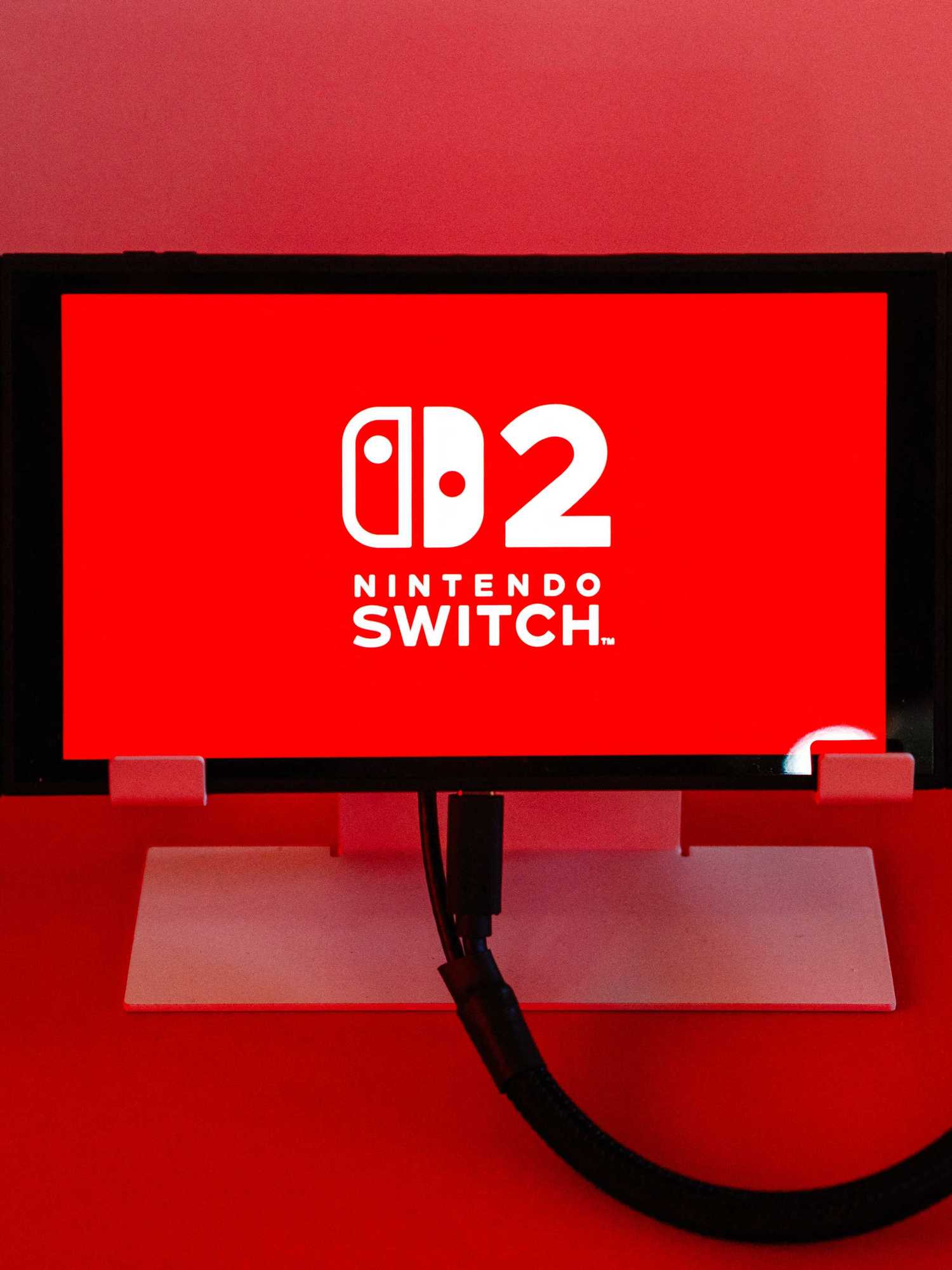 This photograph shows a Nintendo Switch 2 video-game console system of Japanese video-game company Nintendo, displayed during the worldwide presentation at the Grand Palais in Paris on April 2, 2025