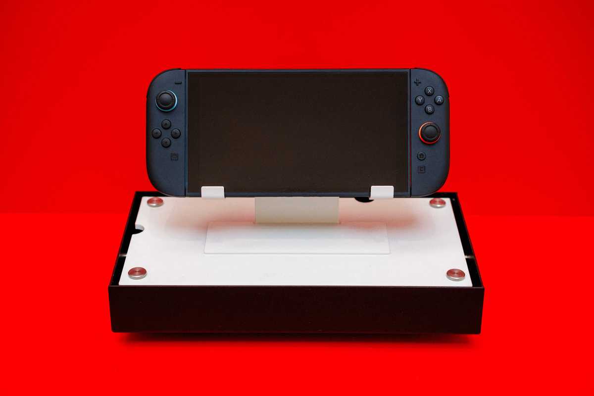This photograph shows a Nintendo Switch 2 video-game console system of Japanese video-game company Nintendo, displayed during the worldwide presentation at the Grand Palais in Paris on April 2, 2025