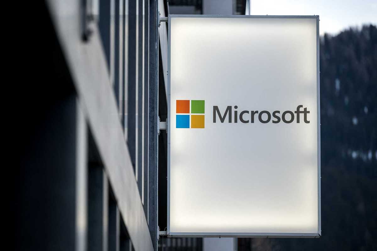 This photograph taken on January 20, 2026 shows a sign of US technology conglomerate Microsoft displayed during the World Economic Forum (WEF) annual meeting in Davos