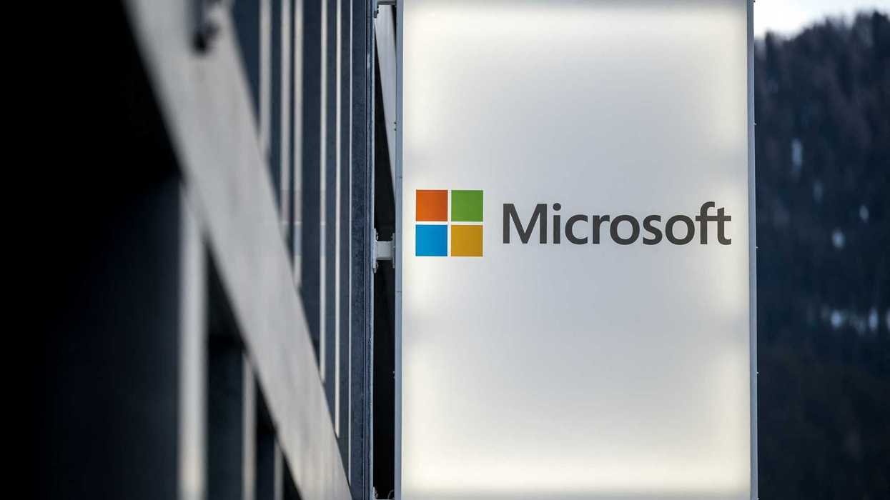 This photograph taken on January 20, 2026 shows a sign of US technology conglomerate Microsoft displayed during the World Economic Forum (WEF) annual meeting in Davos
