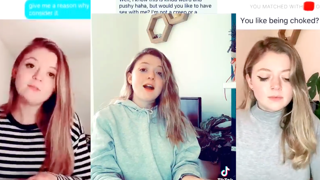 Three portrait images of a white, blonde-haired woman in front of a piano. Text messages are on screen above her.