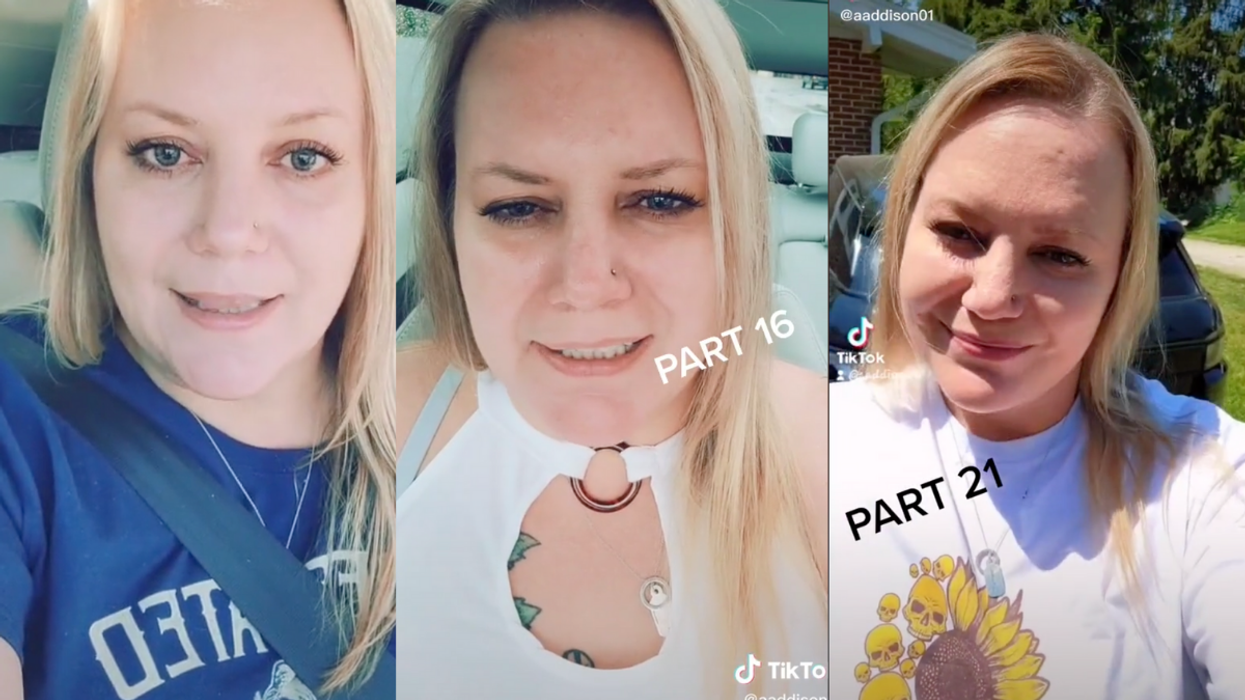 Three portrait photos of a blonde haired white woman talking to the camera. The first two, she is in her car, and the last one, she is outside in front of her car.