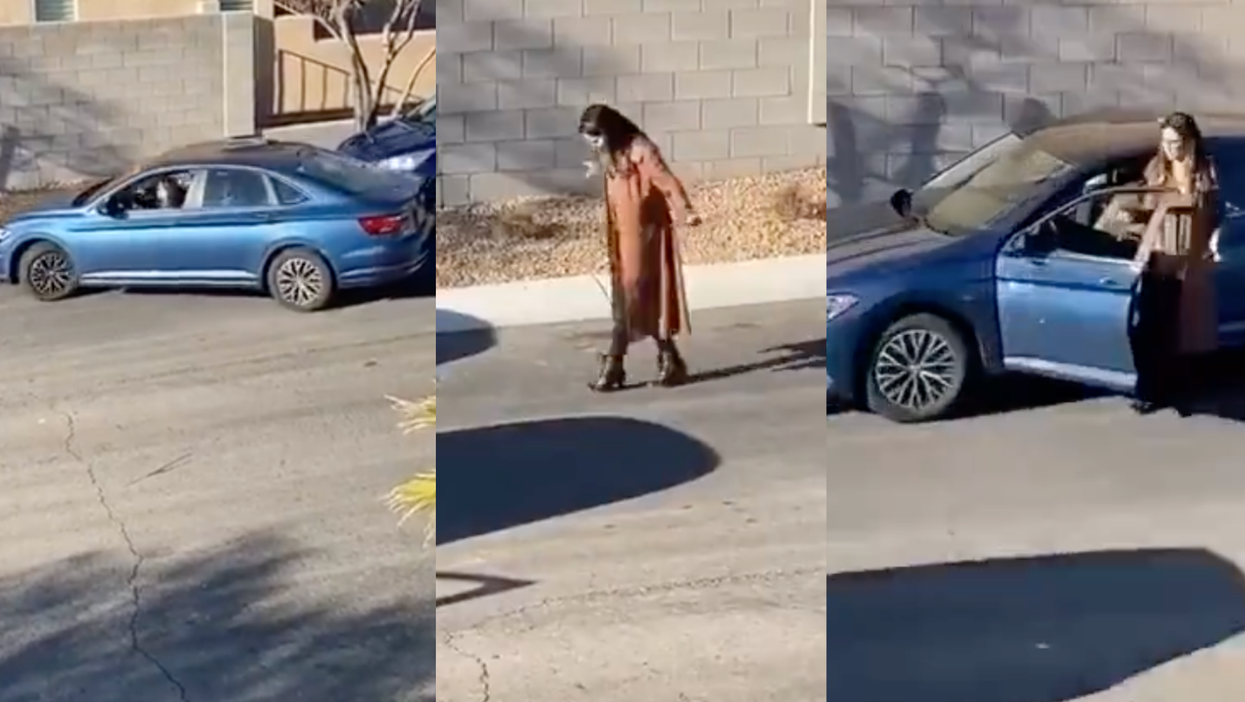 Three vertical images. From left: a blue car driving into a space on a street; the driver walking, like on a tightrope, to measure steps; the driver out of the car, looking at a car which has driven past.