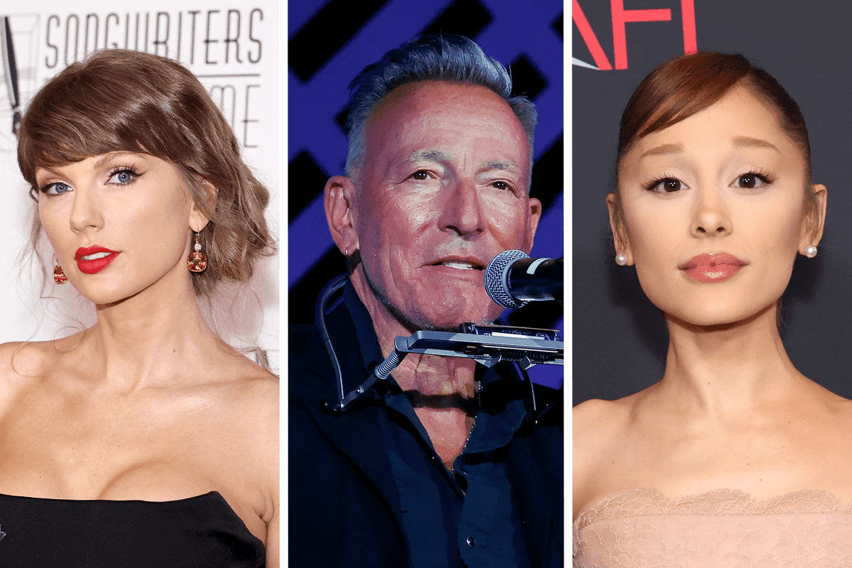 Three vertical images. From left: Taylor Swift, Bruce Springsteen and Ariana Grande.