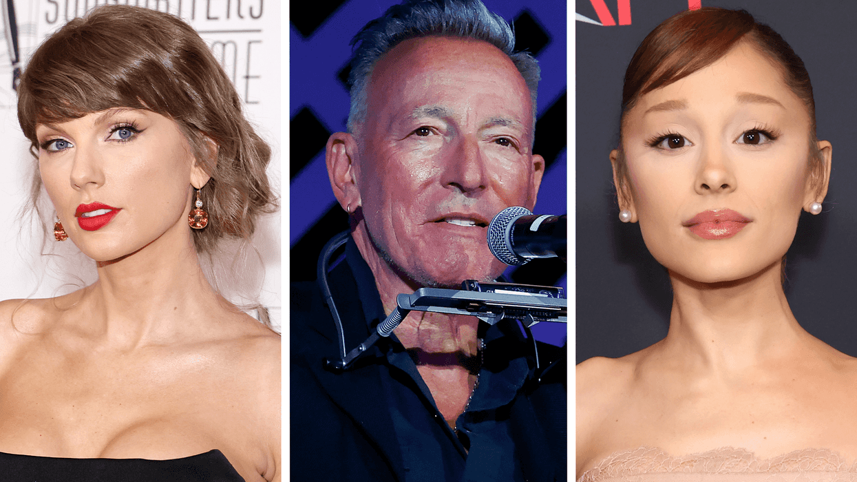 Three vertical images. From left: Taylor Swift, Bruce Springsteen and Ariana Grande.