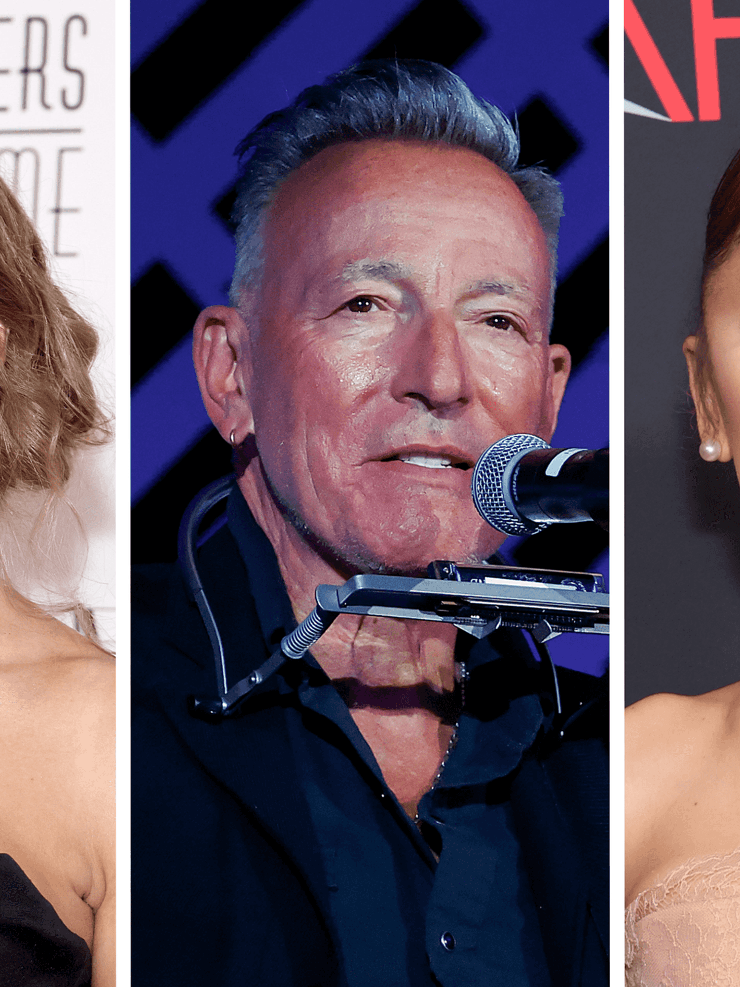 Three vertical images. From left: Taylor Swift, Bruce Springsteen and Ariana Grande.
