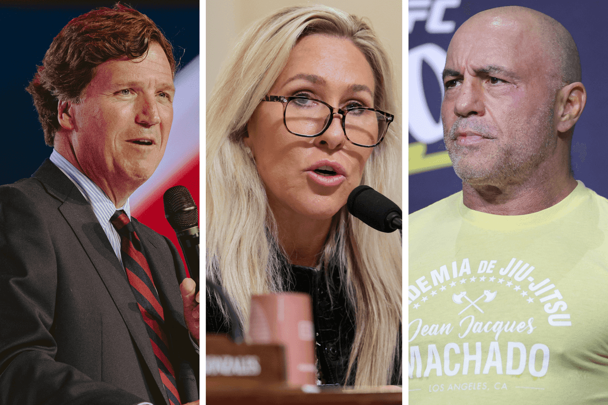Three vertical images. From left: Tucker Carlson, Marjorie Taylor Greene and Joe Rogan.