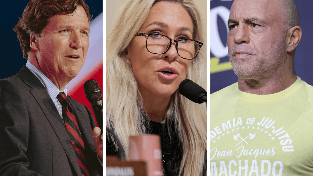Three vertical images. From left: Tucker Carlson, Marjorie Taylor Greene and Joe Rogan.