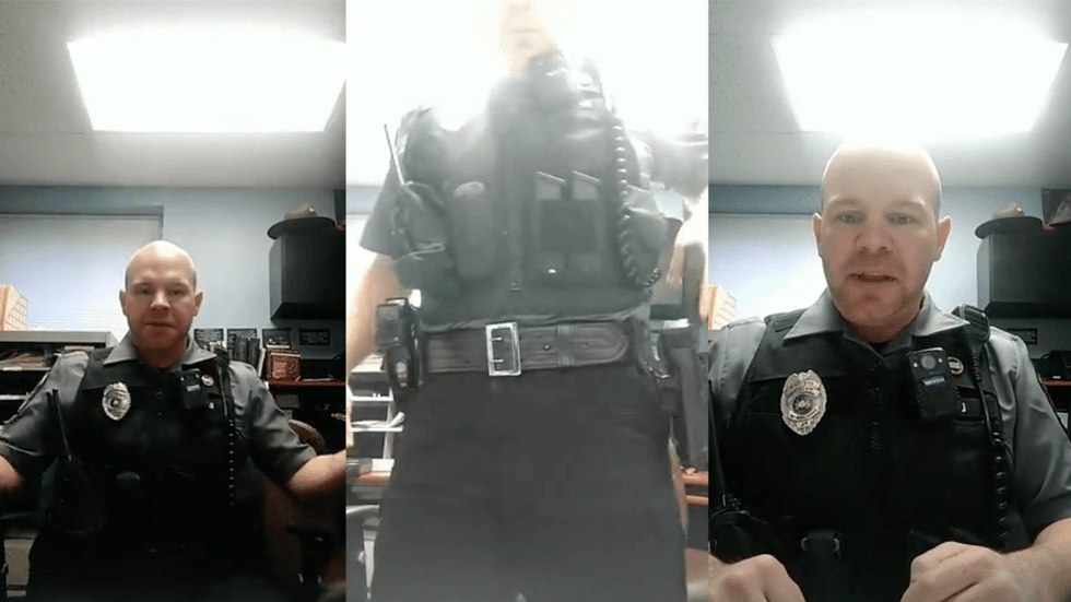 Three vertical photos showing a police officer in uniform. In the middle photo he\u2019s stood up with his left hand on a gun in his holster.
