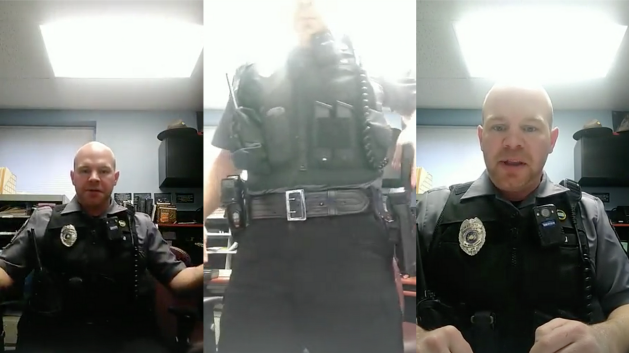 Three vertical photos showing a police officer in uniform. In the middle photo he’s stood up with his left hand on a gun in his holster.