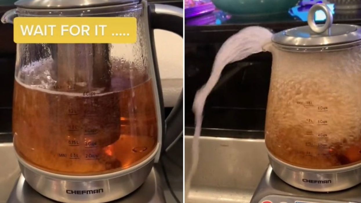 <p>TikToker @happygoliving attempting to brew tea and boil the water at the same time</p>