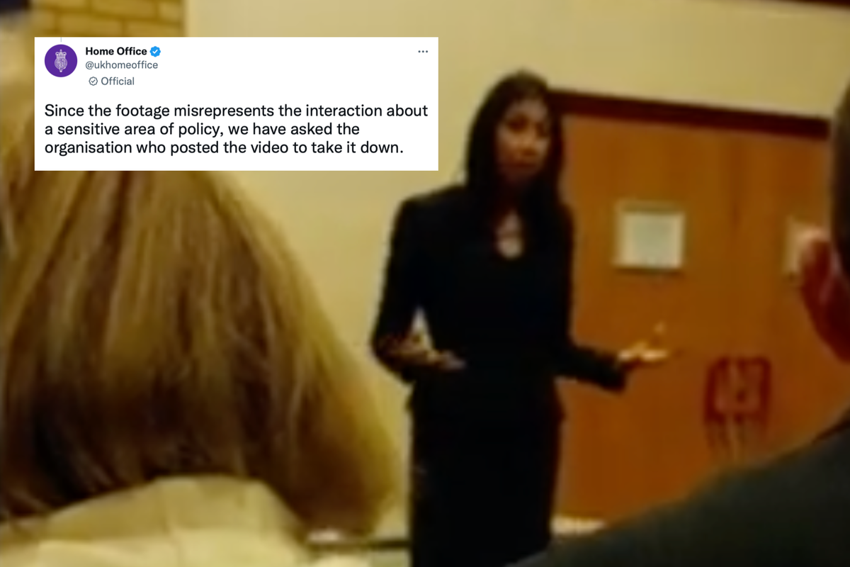 Top left, tweet from Home Office which reads: "Since the footage misrepresents the interaction about a sensitive area of policy, we have asked the organisation who posted the video to take it down'. Main image right is of Suella Braverman, a brown woman in all black dress, on a stage speaking to an audience.
