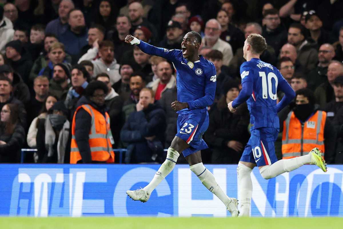 Trevoh Chalobah of Chelsea celebrates his team's first goal, scored by teammate Joao Pedro (not pictured) during the Premier League match between Chelsea and Aston Villa at Stamford Bridge on December 27, 2025 in London, England