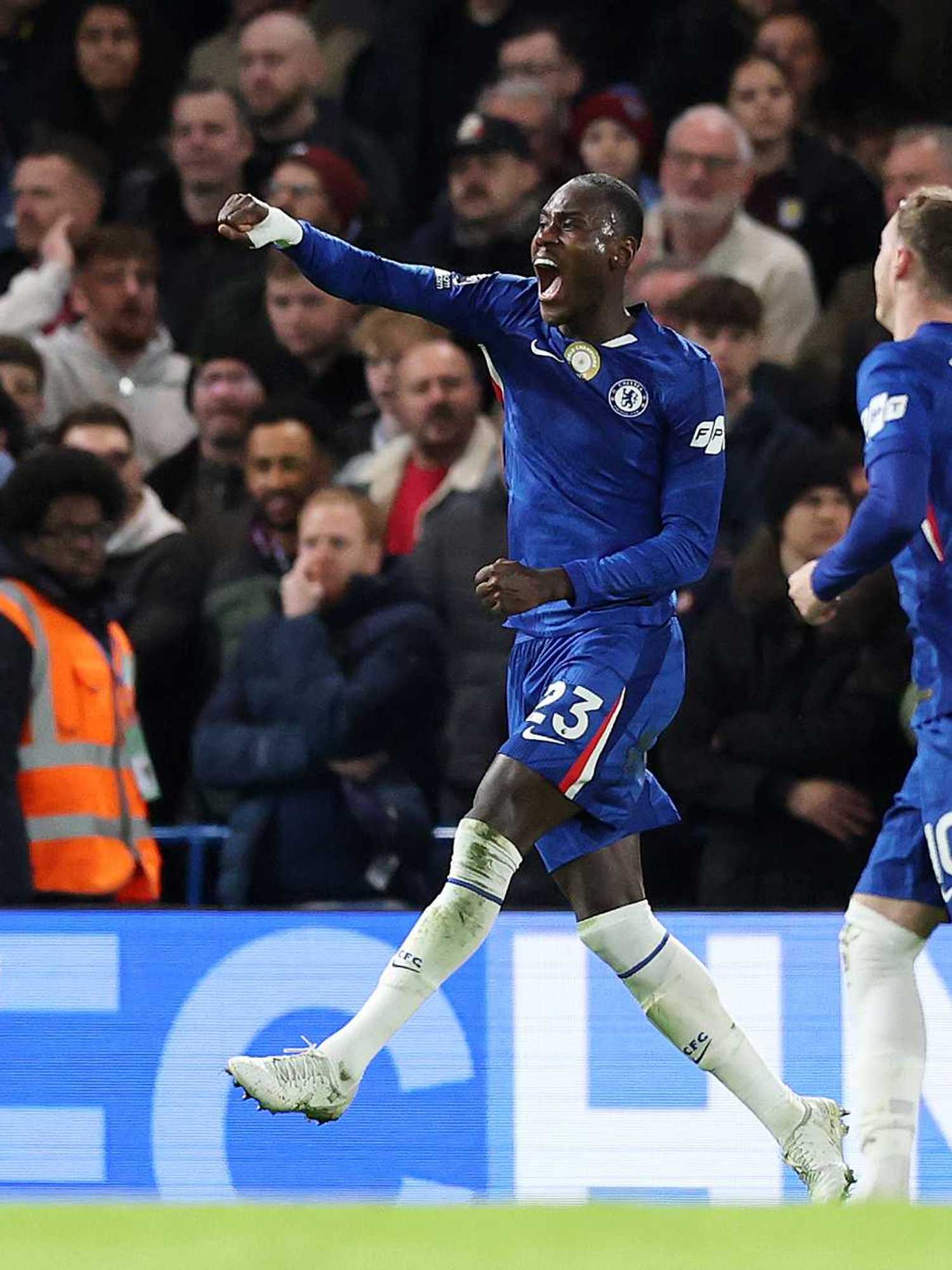 Trevoh Chalobah of Chelsea celebrates his team's first goal, scored by teammate Joao Pedro (not pictured) during the Premier League match between Chelsea and Aston Villa at Stamford Bridge on December 27, 2025 in London, England