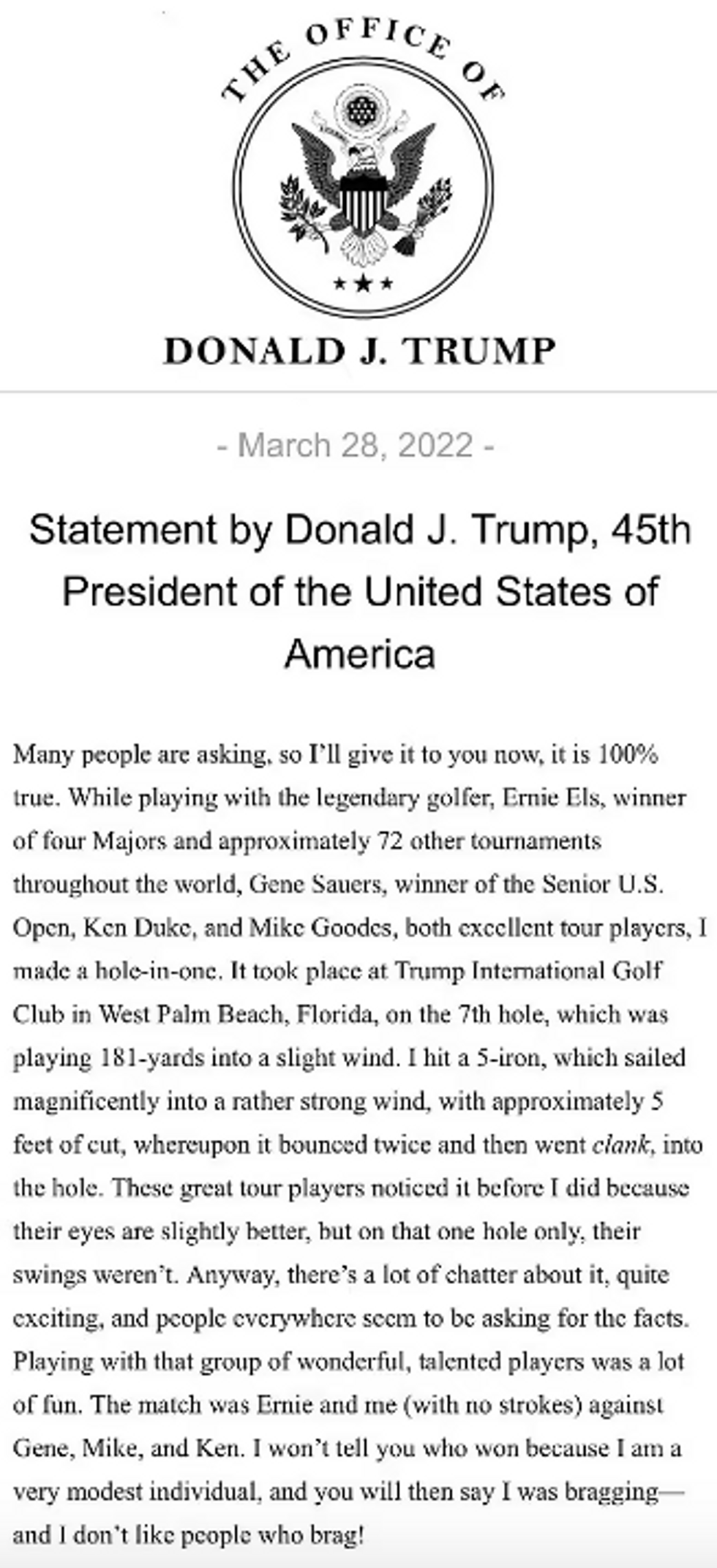 Trump claims that he hit a hole in one but presents almost no evidence ...