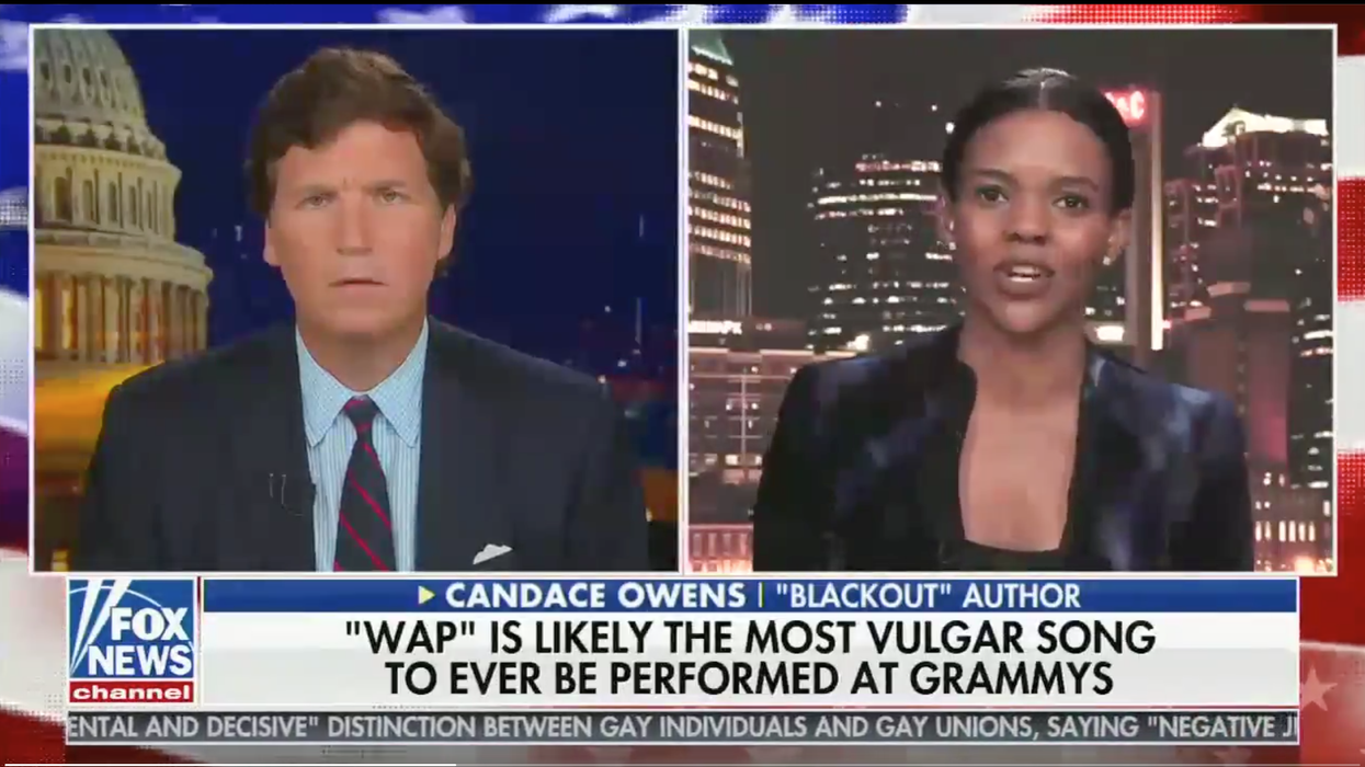 <p>Tucker Carlson and Candace Owens discussing their outrage at Cardi B and Meghan Thee Stallion’s performance of WAP at the Grammys</p>