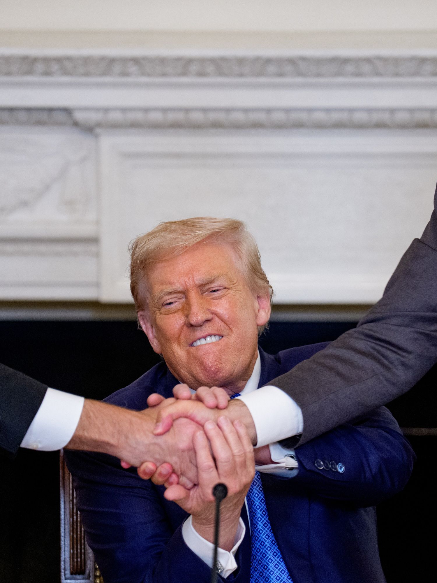 Two men smile and shake hands. They are standing up, while Donald Trump smiles as he wraps his hands around the handshake.