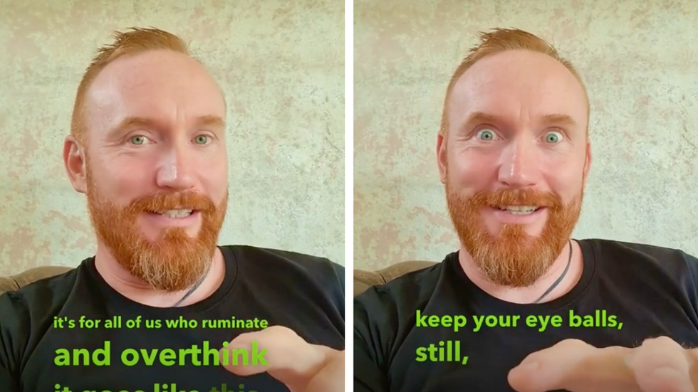 Two photos, side by side, of a ginger bearded white man in a black shirt. He stares intensely at the camera in the second.