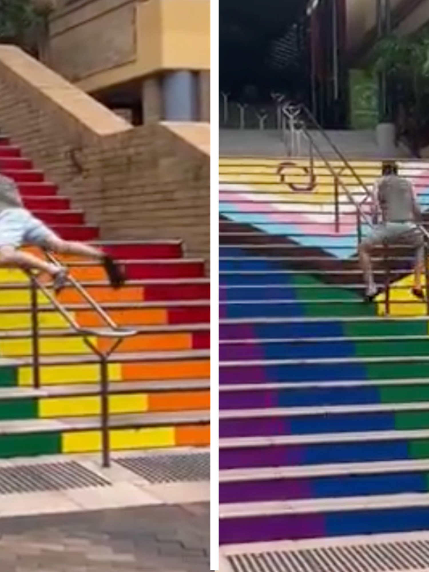 Two portait photos of a man mounting some metal railings in the middle of a staircase painted in the colours of the Progress Pride flag.