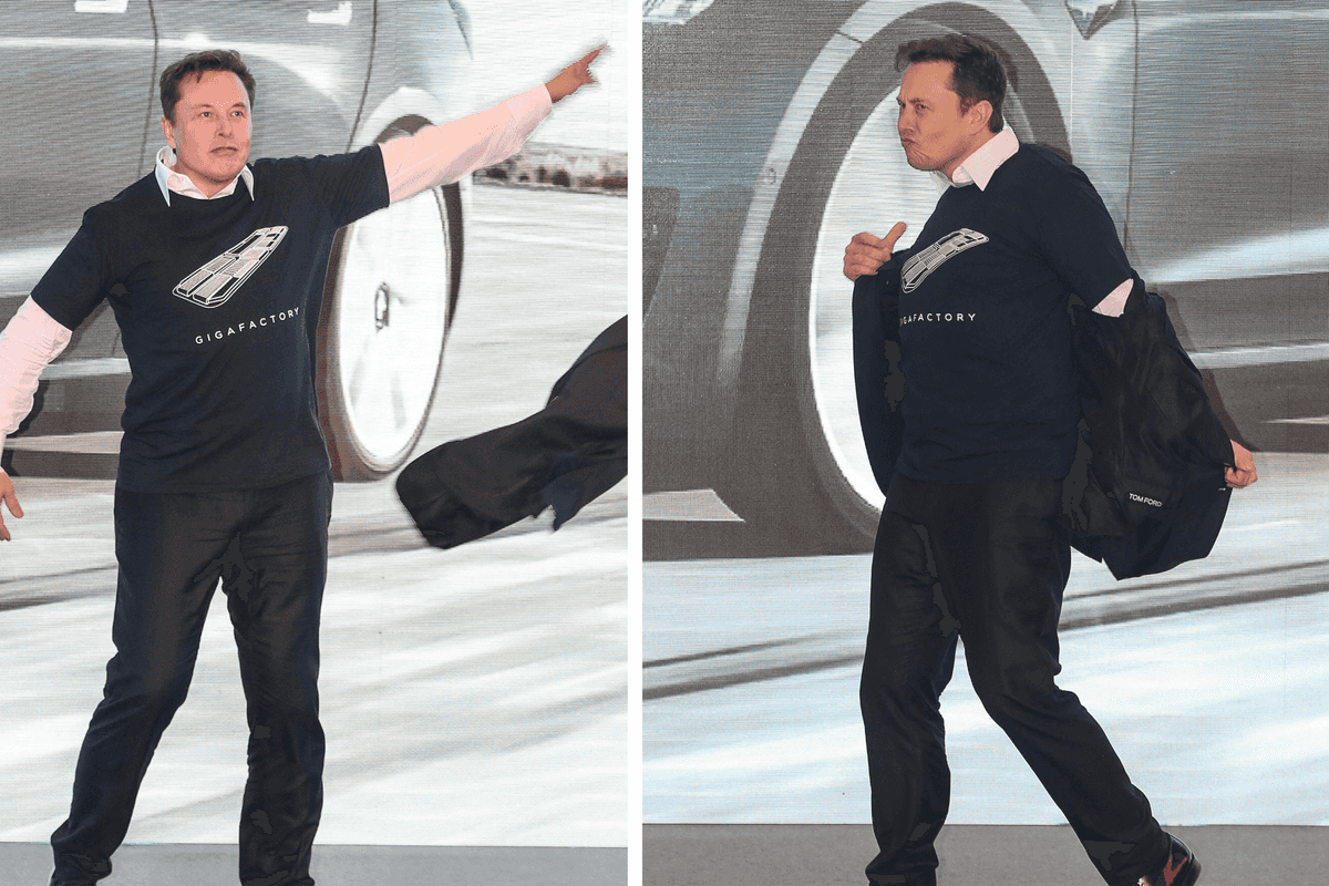 Two portrait images of Elon Musk, in all-black clothing, dancing on stage, taking his suit jacket off, and throwing it.