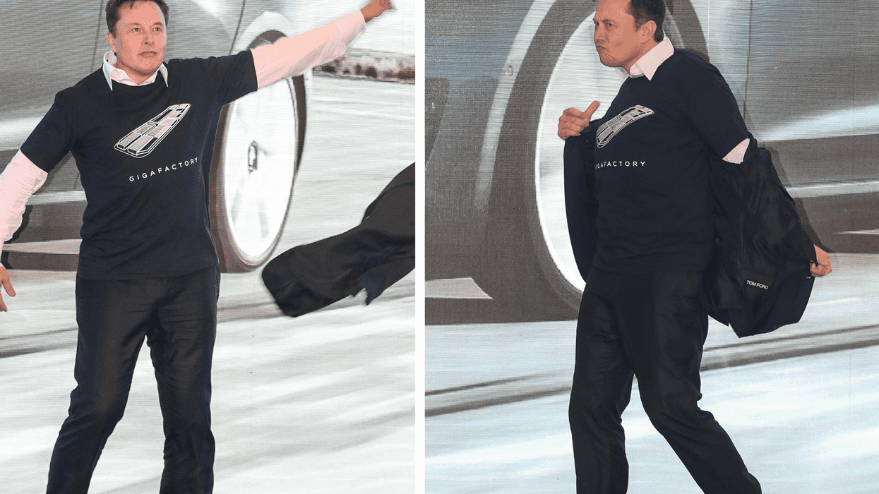 Two portrait images of Elon Musk, in all-black clothing, dancing on stage, taking his suit jacket off, and throwing it.