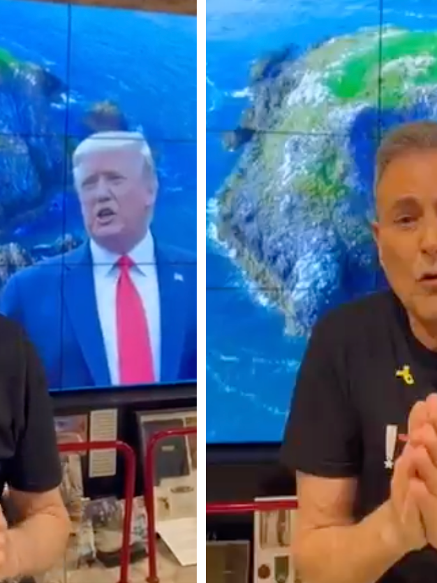 Two portrait images of Uri Geller, an Israeli-British man with short grey hair and a black T-shirt, pointing at the camera and then placing his palms together like a praying gesture while addressing viewers. Behind him on a screen is an island and Donald Trump.