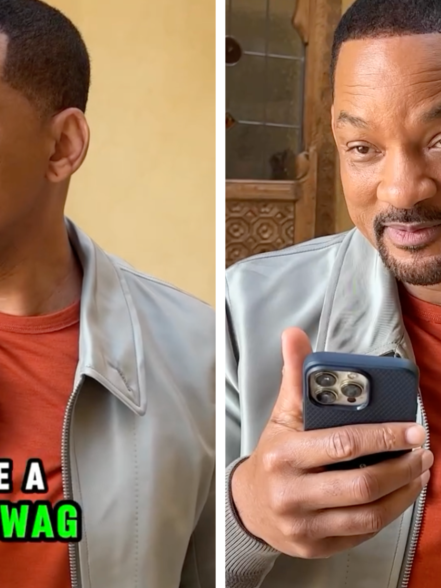 Two portrait images of Will Smith. Left, Will purses his lips as he holds his phone in his right hand. Caption text reads: 'Have a chinwag'. Right, Will smiles as he holds his phone in his right hand.