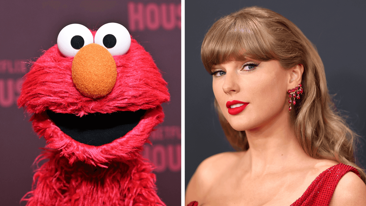 Two portrait photos. Left, Elmo. Right, Taylor Swift.