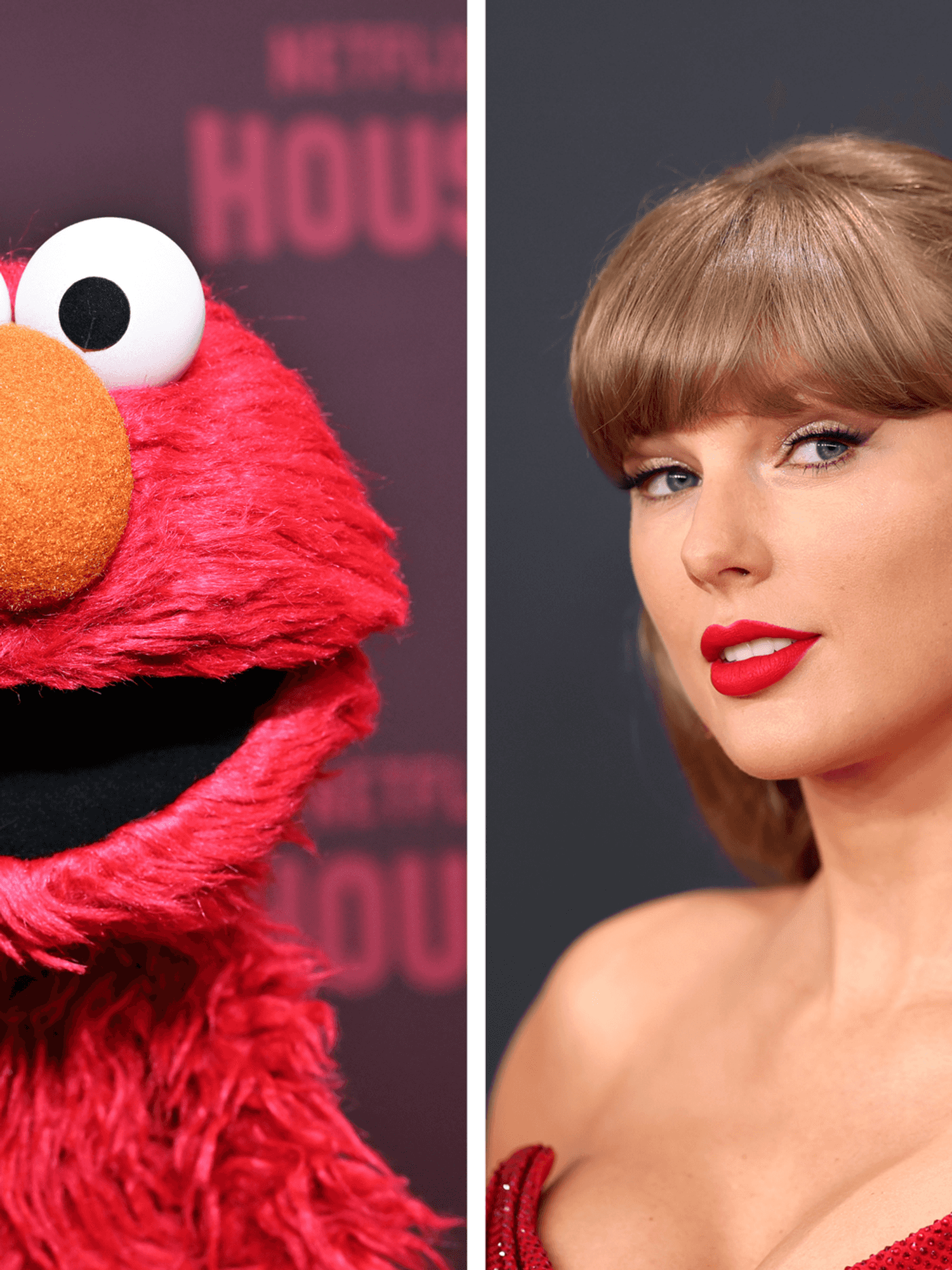 Two portrait photos. Left, Elmo. Right, Taylor Swift.