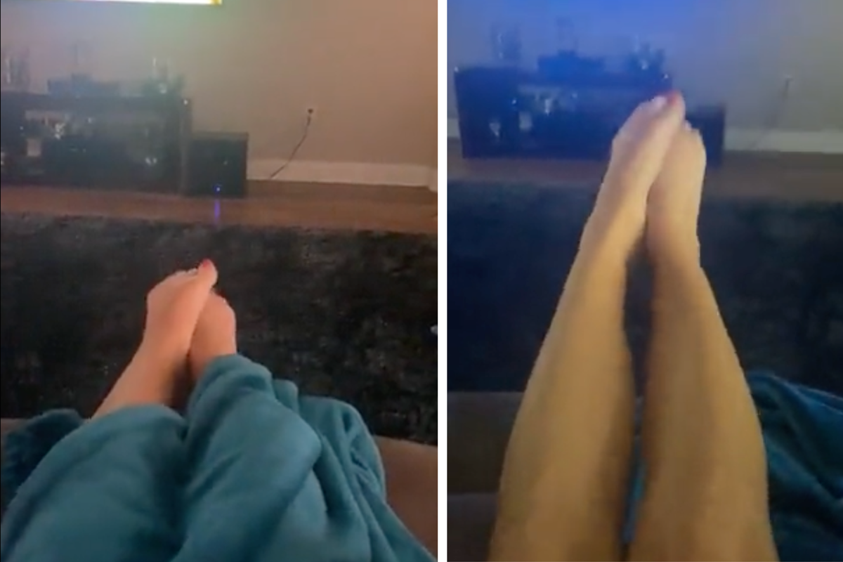 Two portrait photos of a woman's white legs and feet slightly raised. They're screenshots from a video showing them shaking uncontrollably.