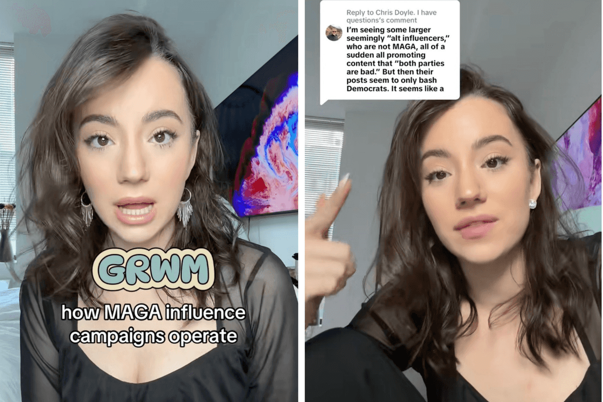 Two portrait photos of Ashley St Clair. One has text overlaid onto it which reads: 'GRWM how MAGA influence campaigns operate' and the one on the right shows her pointing at a comment above her head.