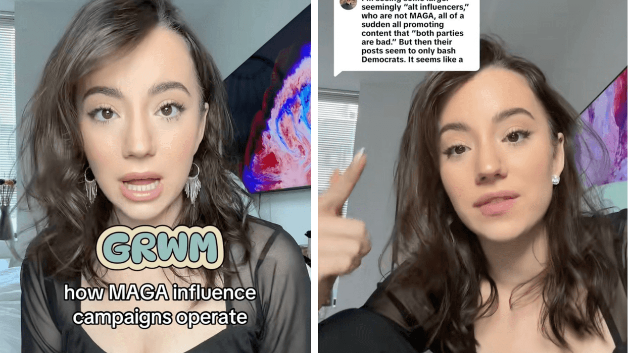 Two portrait photos of Ashley St Clair. One has text overlaid onto it which reads: 'GRWM how MAGA influence campaigns operate' and the one on the right shows her pointing at a comment above her head.