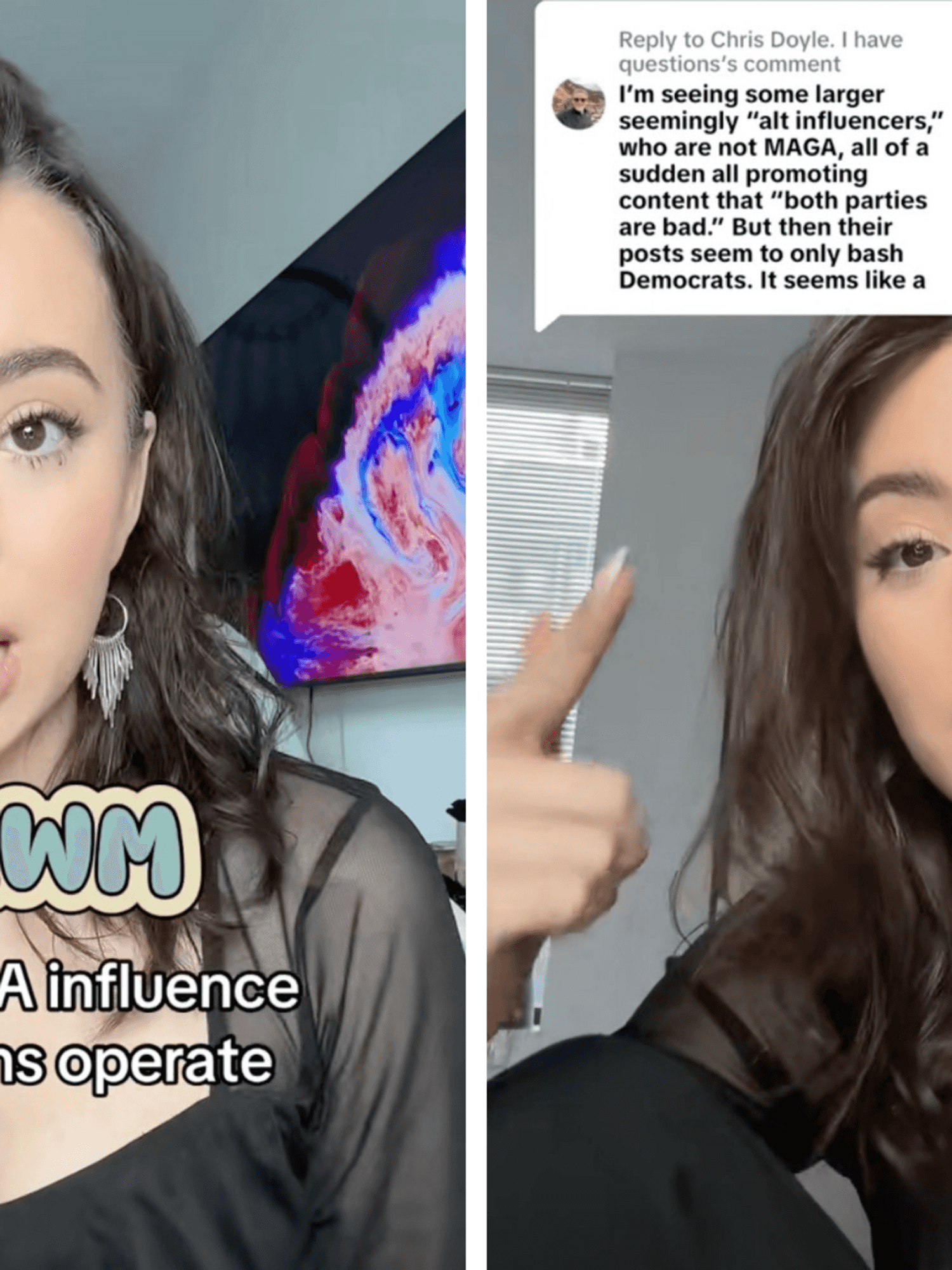 Two portrait photos of Ashley St Clair. One has text overlaid onto it which reads: 'GRWM how MAGA influence campaigns operate' and the one on the right shows her pointing at a comment above her head.