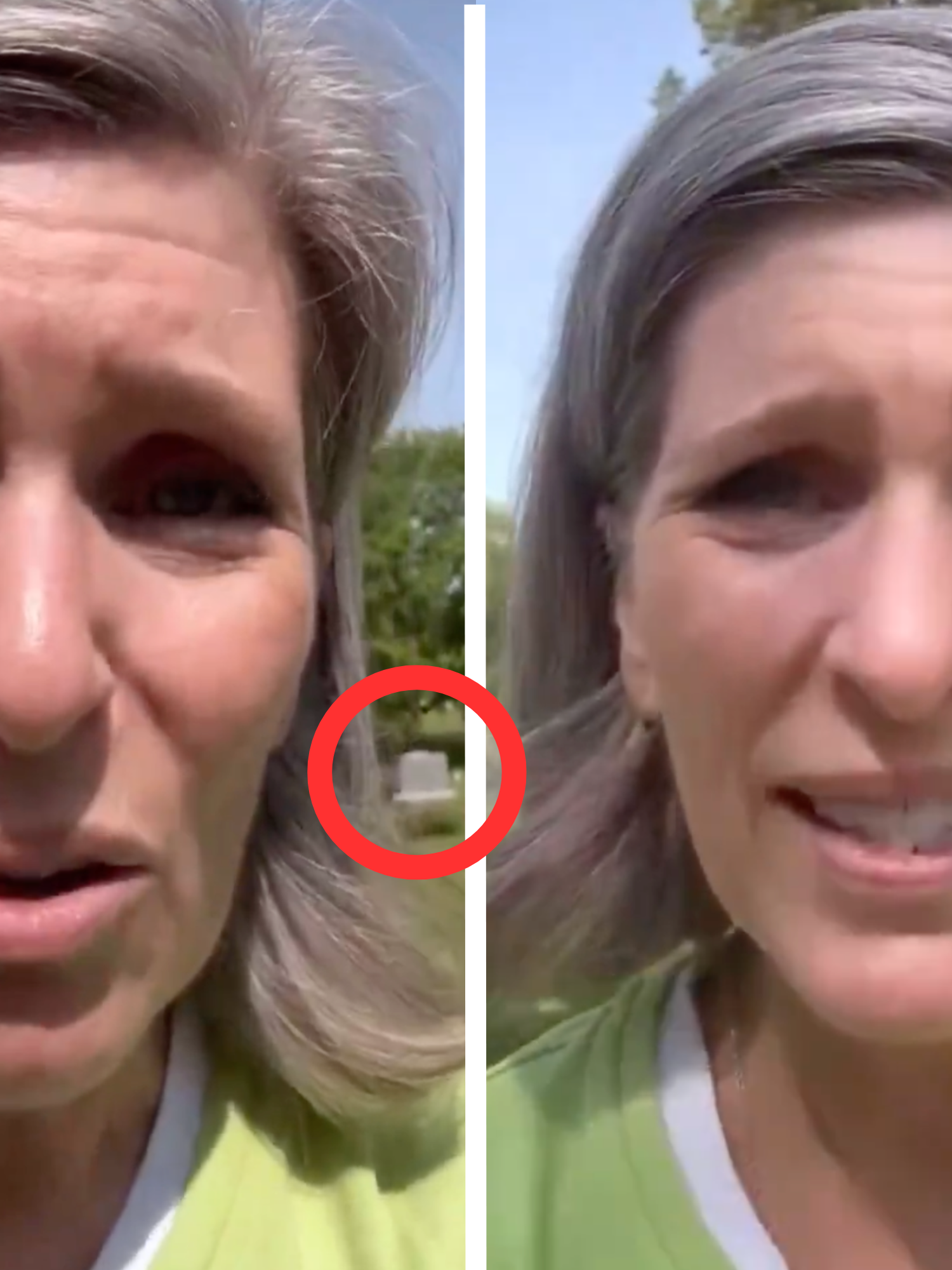 Two portrait photos of Joni Ernst, a white woman with short grey hair and a green T-shirt. In the left photo, a red circle surrounds what appears to be a gravestone in the background.