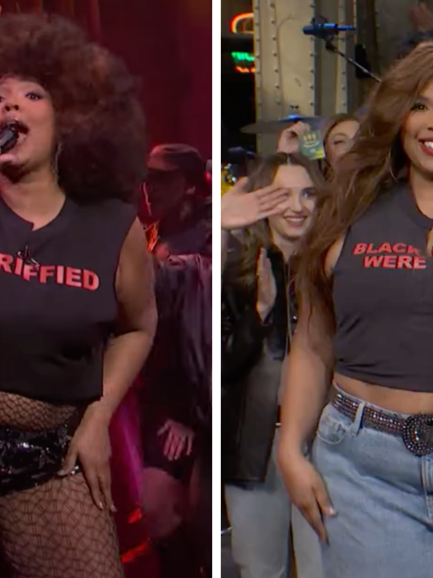 Two portrait photos of Lizzo. On the left, she has an afro and is singing with a black T-shirt on which reads 'Tariffied' in red letters. Right, she's smiling at the camera with wavy brown hair and a different black T-shirt, reading 'Black women were right'.
