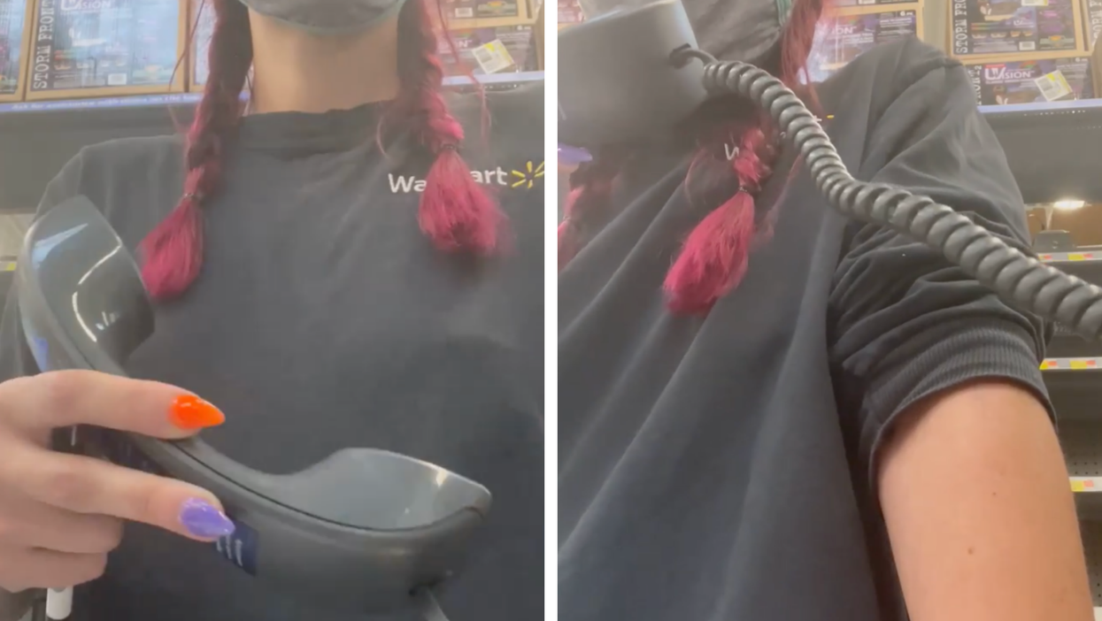 Two portrait photos showing a white woman with red hair in plaits and a black Walmart uniform holding a phone, and then, in the second, speaking into it.