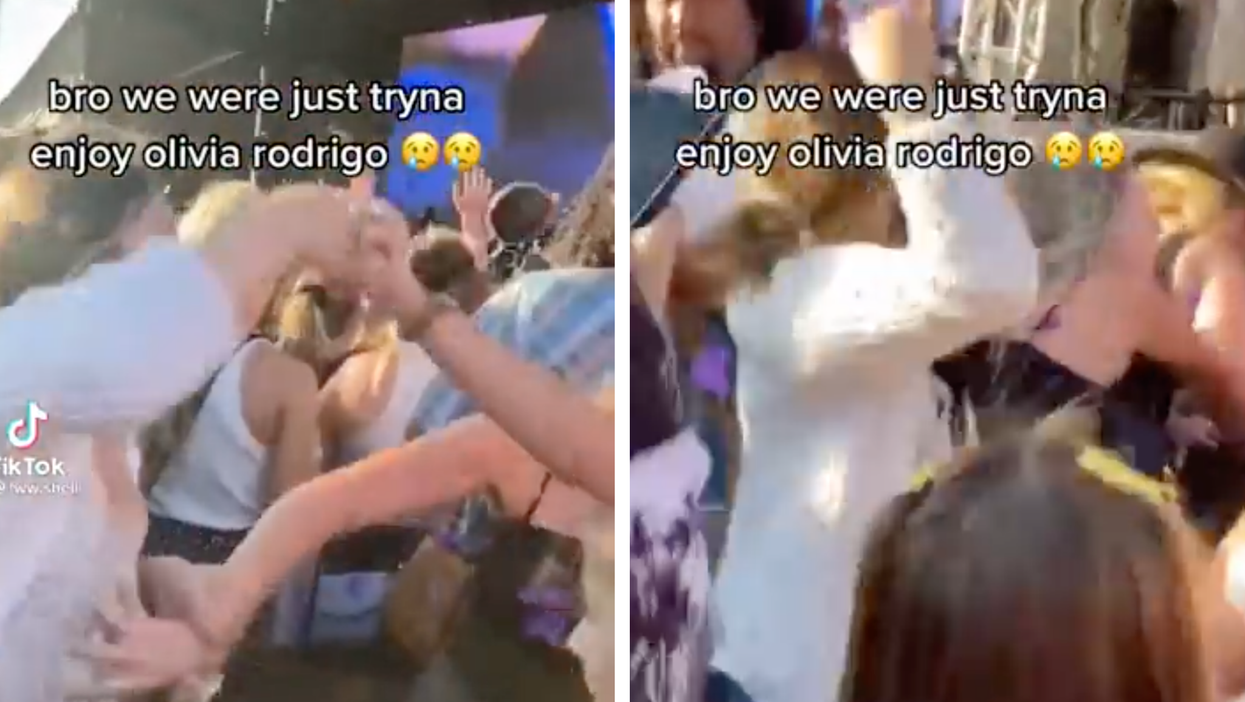 Two portrait photos showing two women fist fighting in a concert crowd.