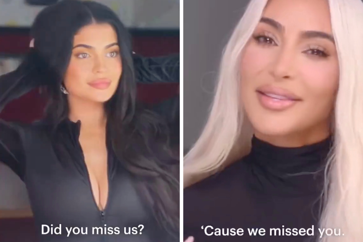Two portrait photos side by side. The left is of a white woman with long wavy black hair, and the caption text reads 'Did you miss us?' On the right, Kim Kardashian looks at the camera, with captions text below reading: 'Cause we missed you'.