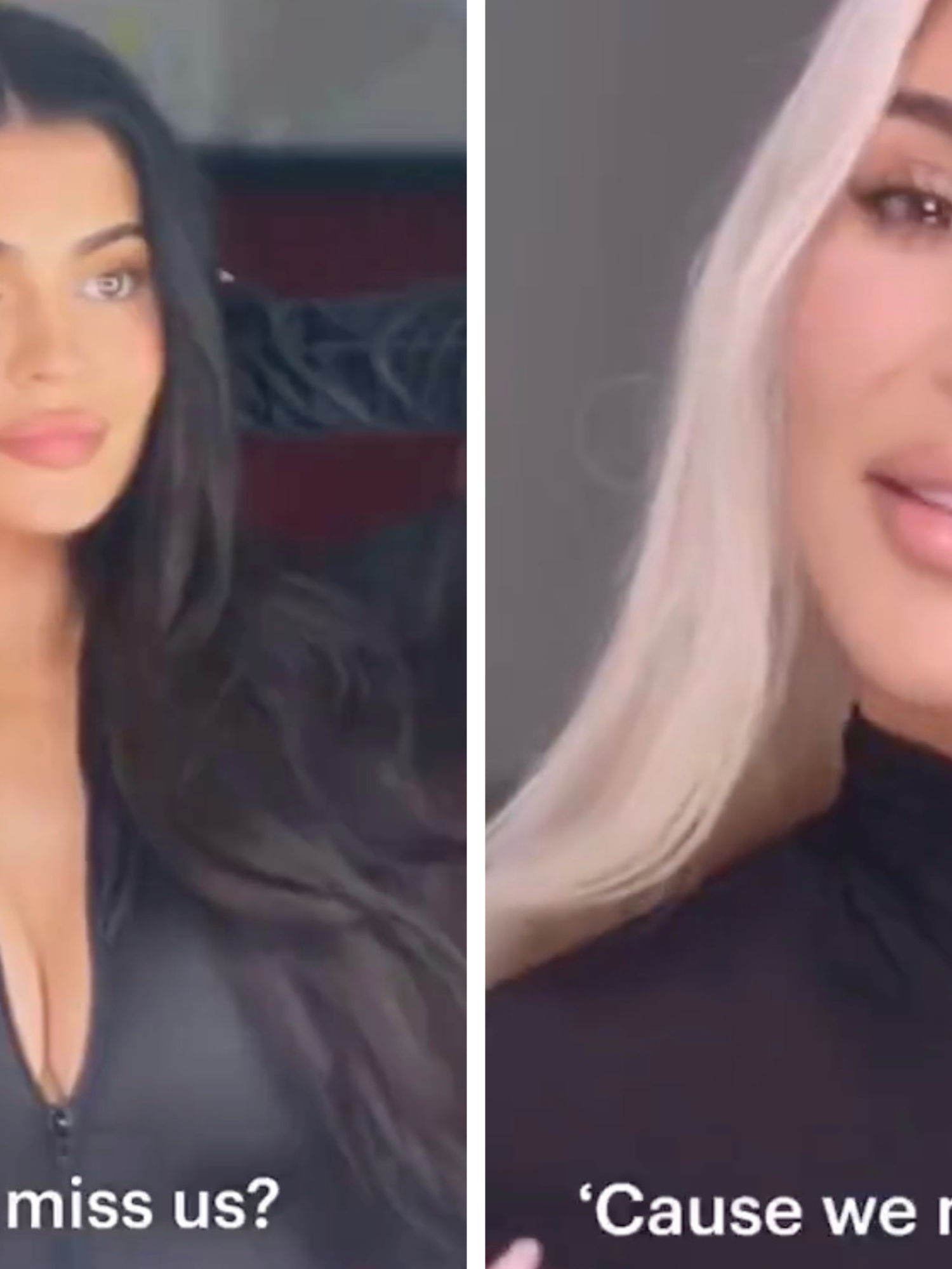 Two portrait photos side by side. The left is of a white woman with long wavy black hair, and the caption text reads 'Did you miss us?' On the right, Kim Kardashian looks at the camera, with captions text below reading: 'Cause we missed you'.