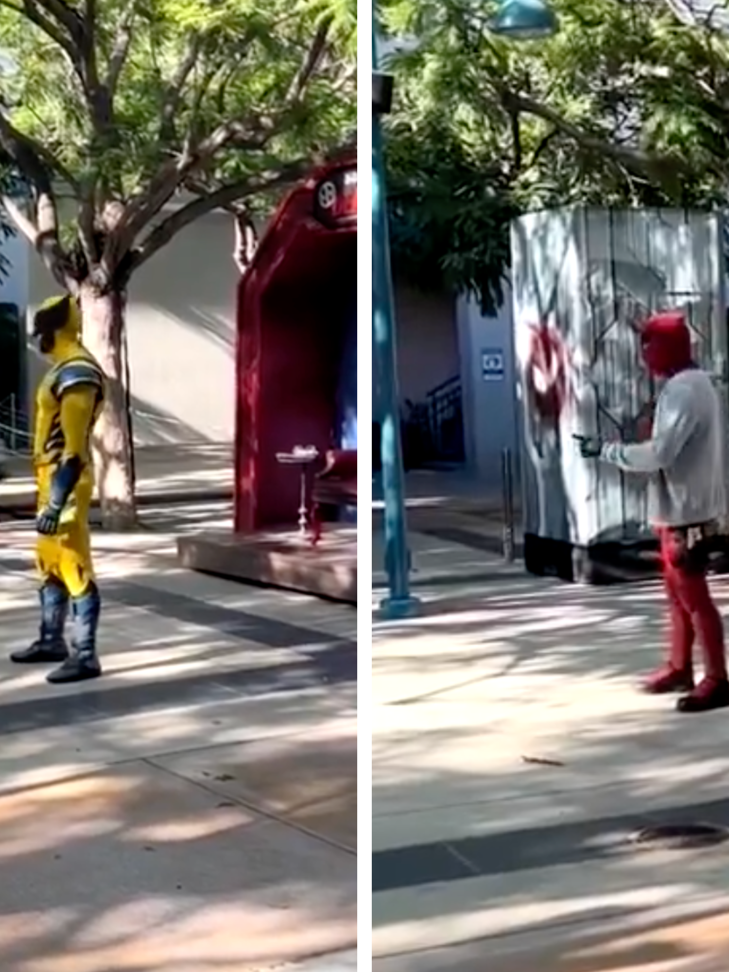 Two portrait pictures of two male actors in Deadpool and Wolverine costumes at Disneyland.