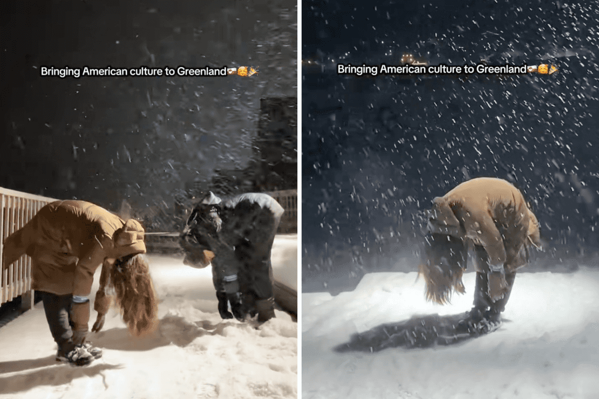 Two portrait stills of people bending over at the waist, as if to touch their toes, in the snow. Text on both reads: 'Bringing American culture to Greenland'.