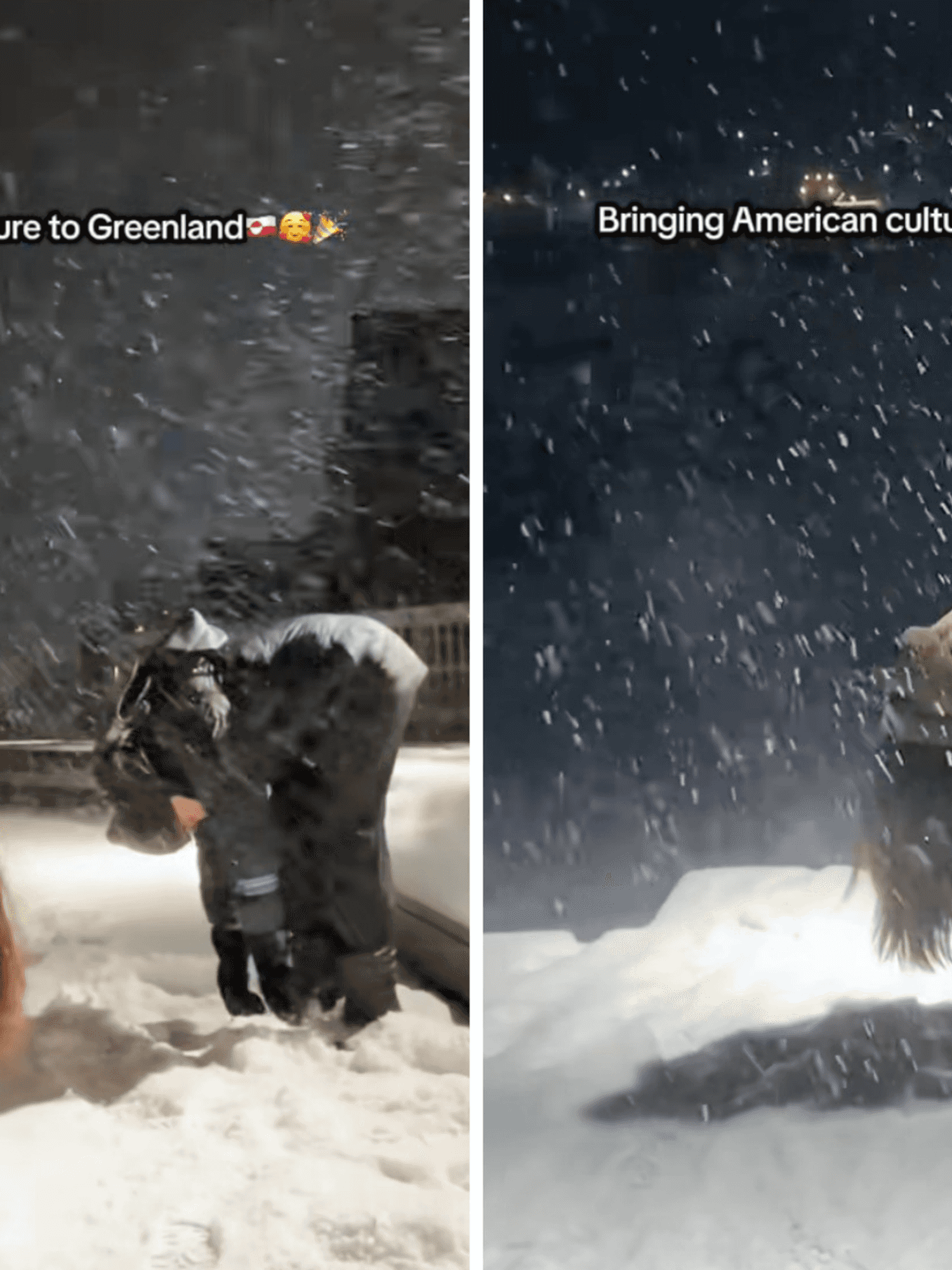 Two portrait stills of people bending over at the waist, as if to touch their toes, in the snow. Text on both reads: 'Bringing American culture to Greenland'.